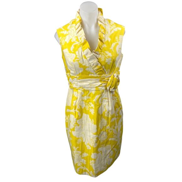 Jessica Howard Yellow Floral Ruffle Faux Wrap Sleeveless Mini Pencil Dress 10P - Picture 1 of 5
